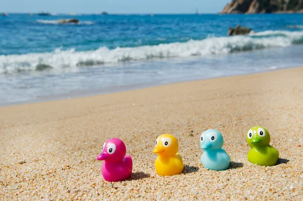해변에서 식하는 화려 한 장난감 오리 — 스톡 사진