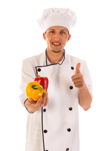 Cook thumbs up for fresh paprikas — Stock Photo, Image