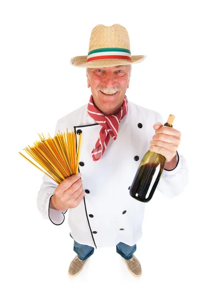 Makarna ve şarap ile İtalyan aşçı — Stok fotoğraf