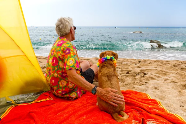 Adam köpek ile plajda döşeme — Stok fotoğraf