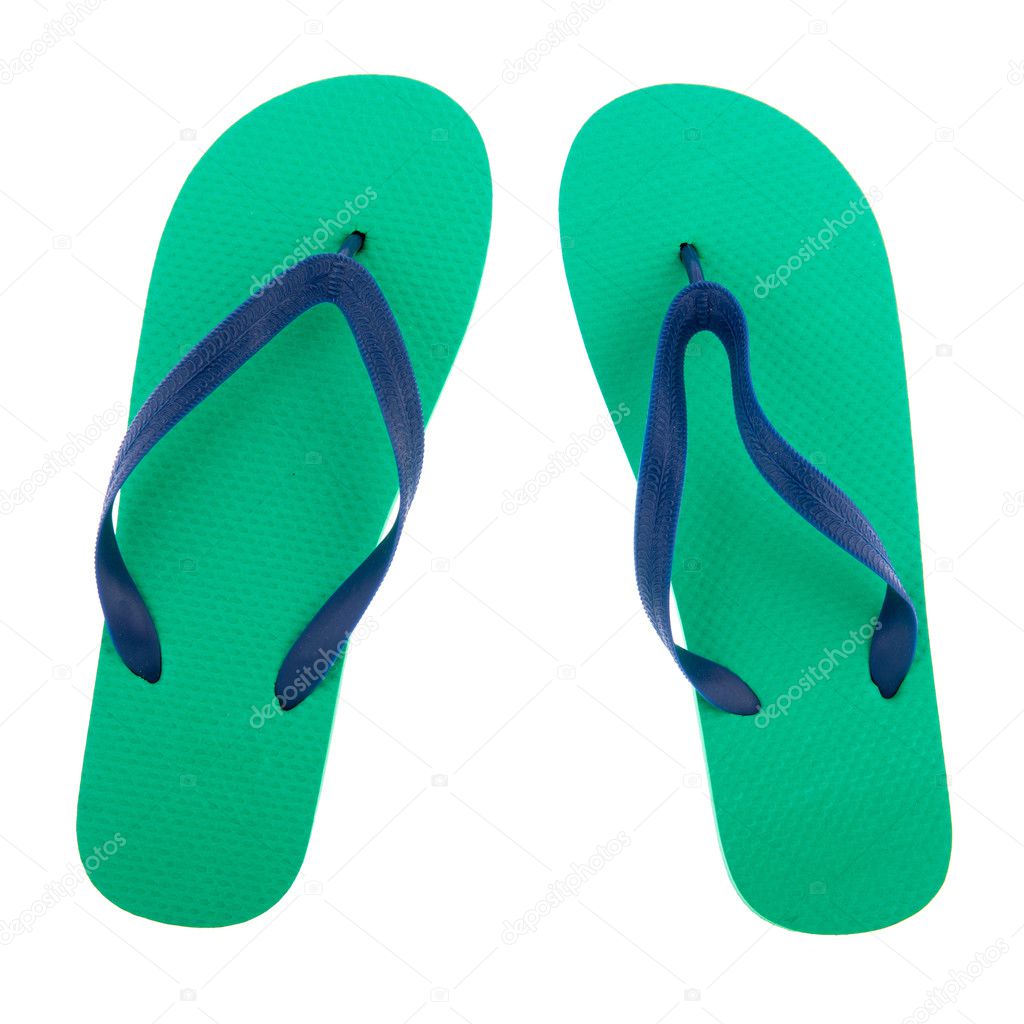 Green and blue flip flops