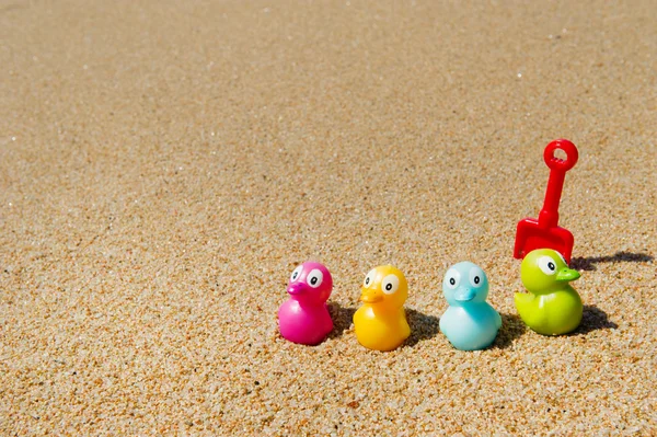 海滩上五彩缤纷的玩具鸭 — 图库照片
