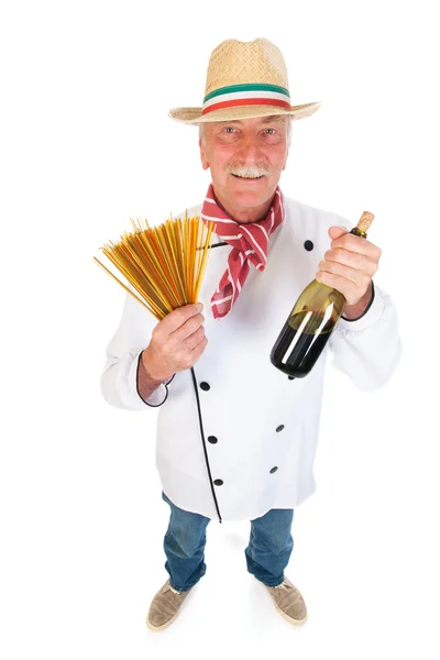 Italian cook with pasta and wine — Stock Photo, Image