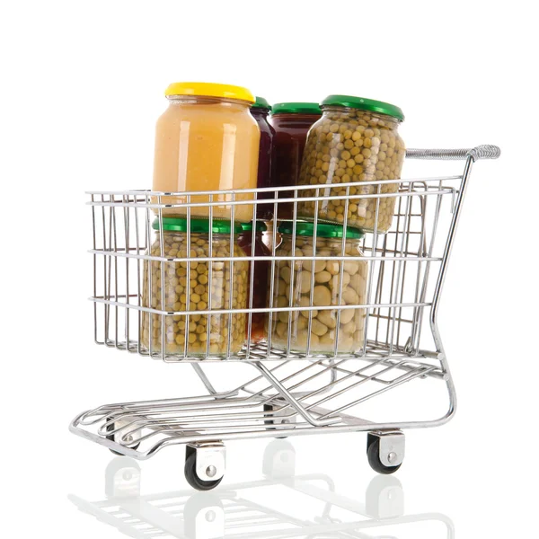 Bevásárlókosár edények konzerv zöldségek — Stock Fotó