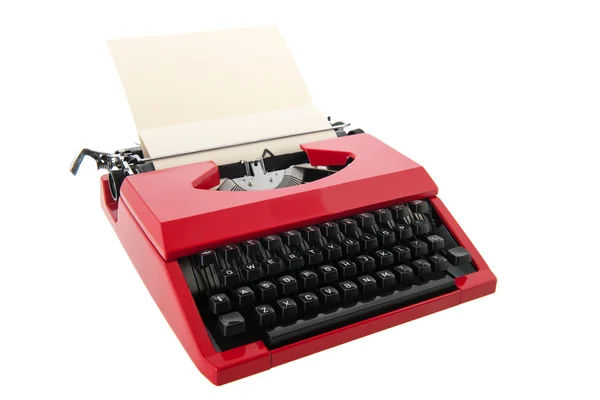 Червона друкарська машинка з чистим папером — стокове фото