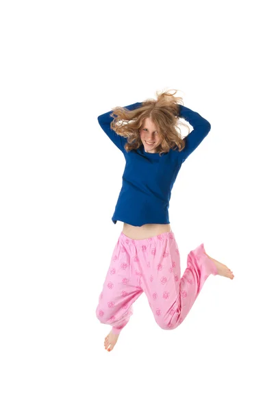 Jumping in pajamas — Stock Photo, Image