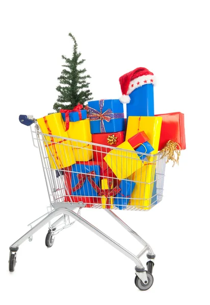 Gifts for Christmas in shopping cart — Stock Photo, Image