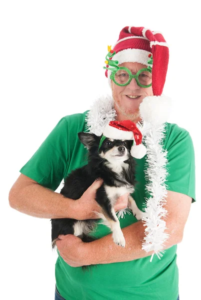 Senior man with little dog for Christmas — Stock Photo, Image