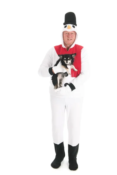 Human snowman with dog — Stock Photo, Image