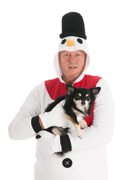 Human snowman with dog — Stock Photo, Image