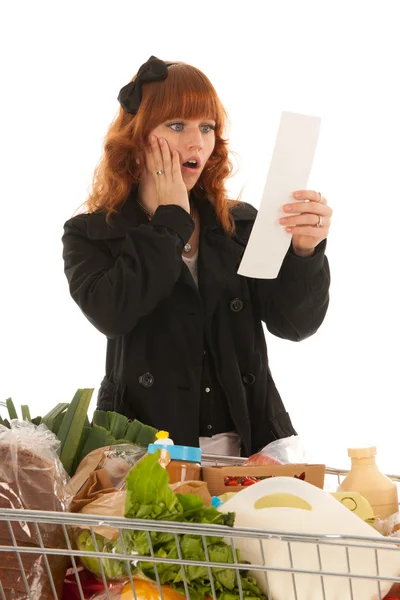 Femme avec panier d'épicerie laitière complète — Photo