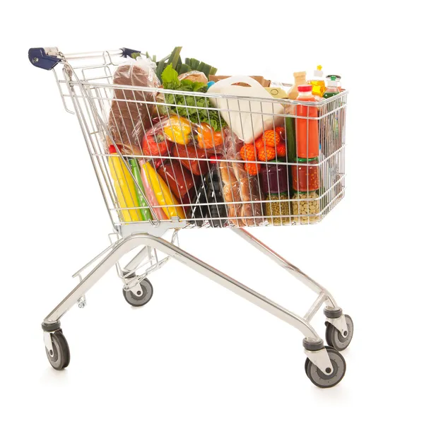 Carrito de compras lleno de productos lácteos — Foto de Stock