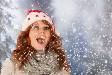 Noel şapkalı kadın kış kar, Noel Baba