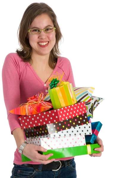 Spoiled girl with many presents — Stock Photo, Image