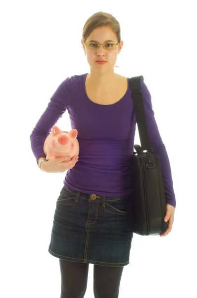 Young business woman saving money — Stock Photo, Image