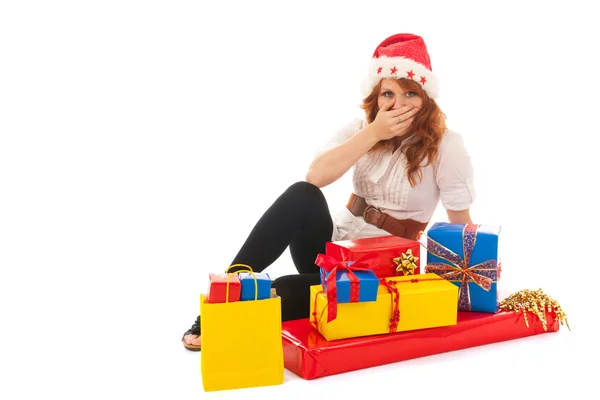 Kvinna nöjd med många julklappar — Stockfoto