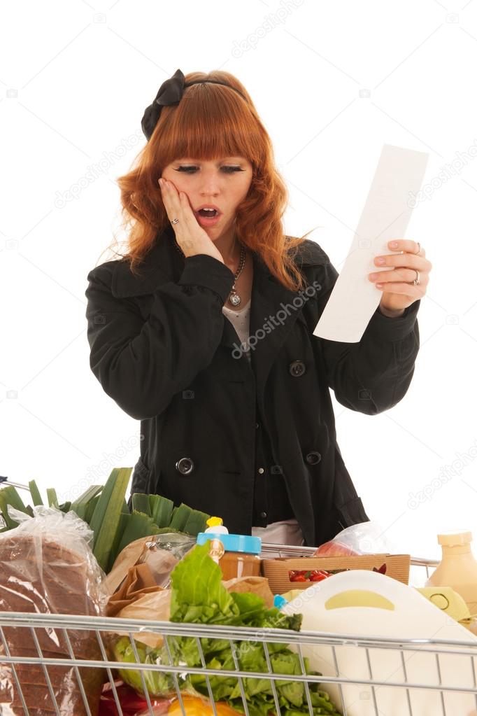 Woman with Shopping cart full dairy grocery scaring by receipt
