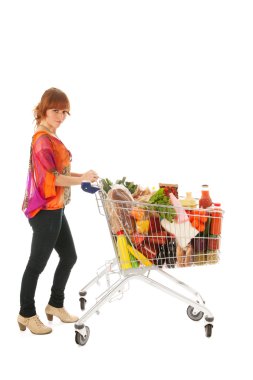 Woman with Shopping cart full dairy grocery clipart
