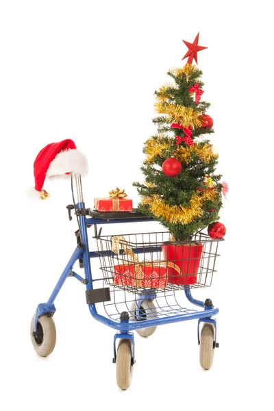 Caminante azul con árbol de Navidad y regalos —  Fotos de Stock