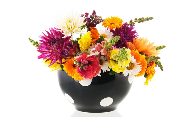 Colorful bouquet garden flowers in black vase — Stock Photo, Image