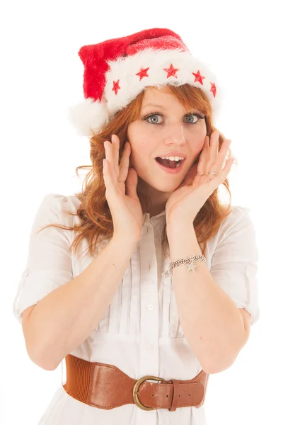 Femme avec santa claus chapeau — Photo