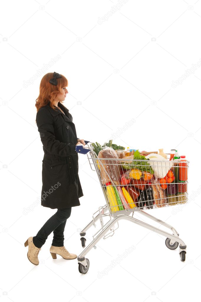 Woman with Shopping cart full dairy grocery