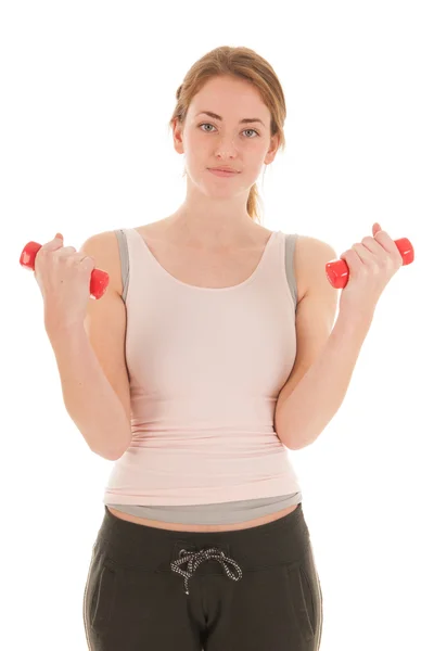 Mujer haciendo ejercicio con pequeñas mancuernas — Foto de Stock