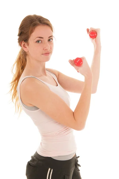 Mujer haciendo ejercicio con pequeñas mancuernas —  Fotos de Stock