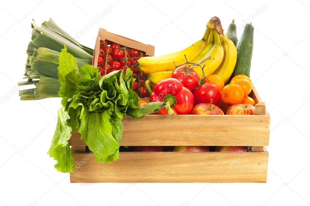 Wooden crate fresh vegetables and fruit