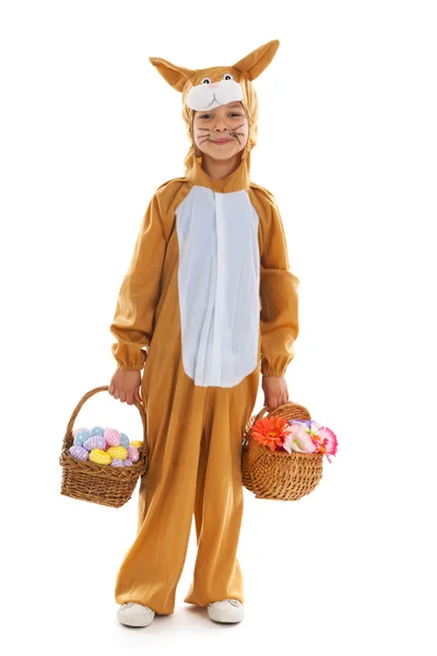 Child as easter hare with eggs and flowers — Stock Photo, Image