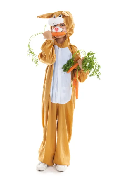 Child as easter hare with carrots — Stock Photo, Image