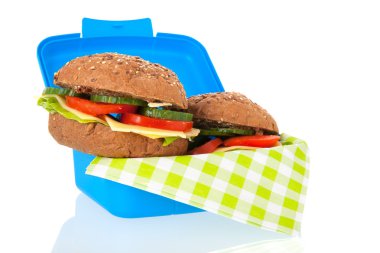 sağlıklı kahverengi ekmek rulo mavi yemek kutusu içinde