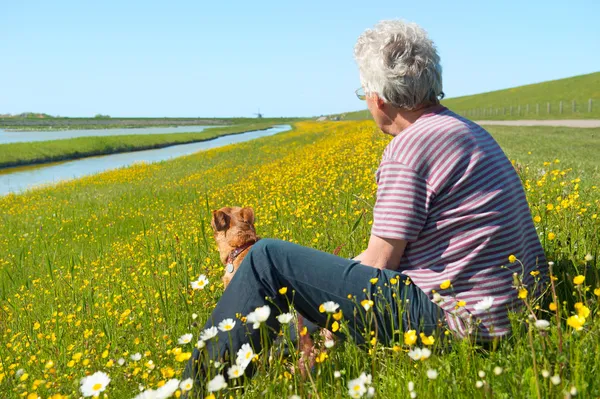 Mann und Hund auf holländischer Wattenmeerinsel Texel — Stockfoto