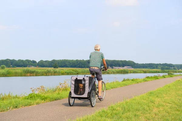 Biker med doggy bil — Stockfoto