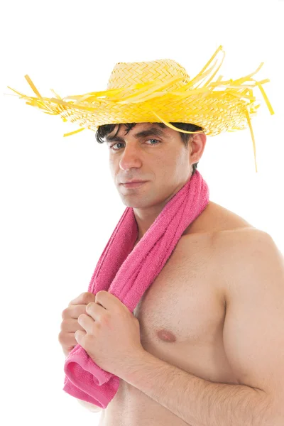 Beach boy with hat and towel — Stock Photo, Image