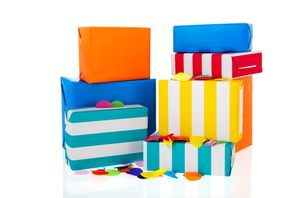 Striped presents with confetti — Stock Photo, Image