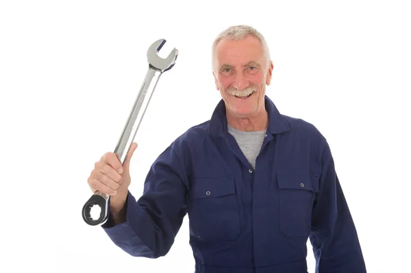 Operaio anziano con chiave inglese — Foto Stock