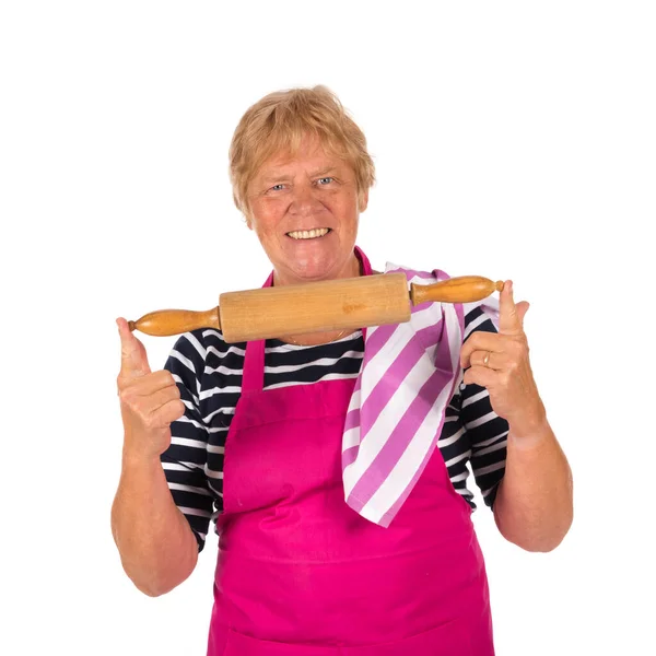 Elder Woman Pin Roller Apron Isolated Ovr White Background — Stock Photo, Image