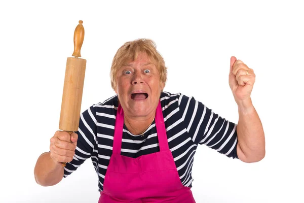 Very Angry Elder Woman Pin Roller Isolated White Background — Stock Photo, Image