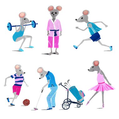 Beyaz arkaplan üzerinde izole edilmiş gouache ile yapılmış spor fare koleksiyonu