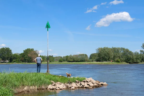 Landscape Dutch River Ijssel Man Dog — Stockfoto