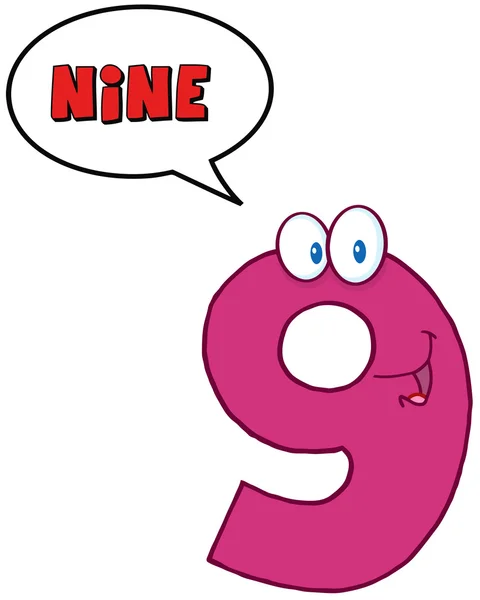 Número Nueve Personaje de la mascota de dibujos animados con burbuja del habla — Foto de Stock