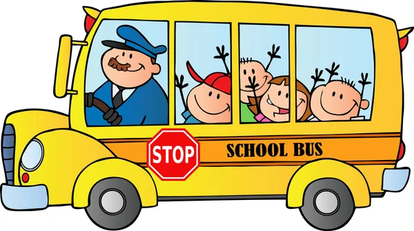 Ônibus escolar com crianças felizes — Fotografia de Stock