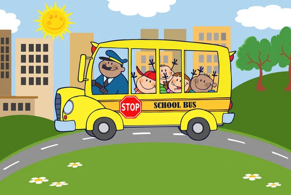 Bus scolaire avec enfants heureux — Photo