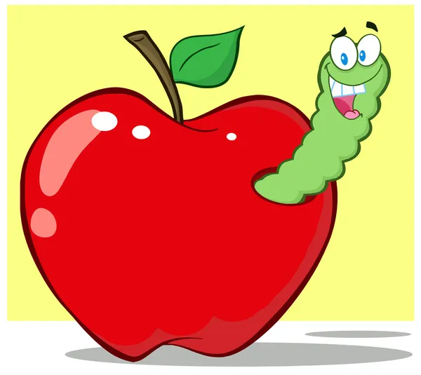 Uśmiechający się robak w jabłko czerwone — Zdjęcie stockowe