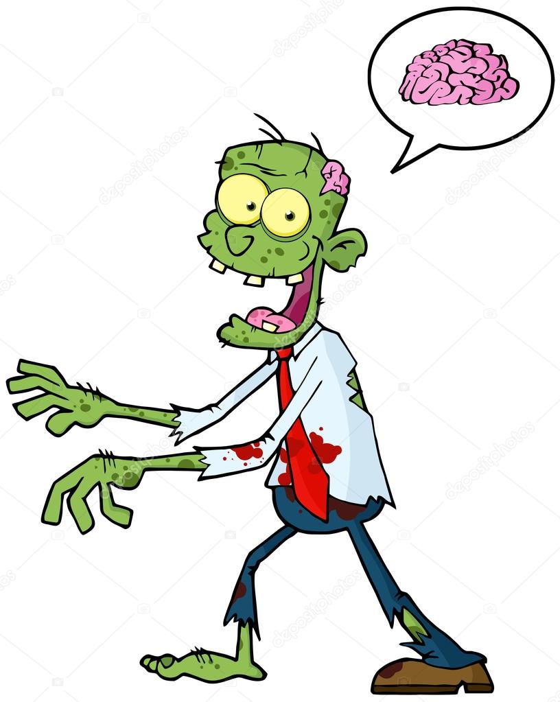 Cartoon Zombie Walking With Hands In Front And Speech Bubble With Brain