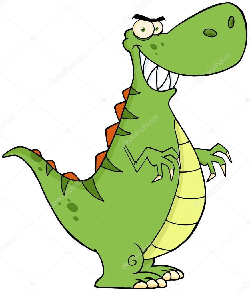 Personagem de desenho animado de dinossauro verde com raiva correndo