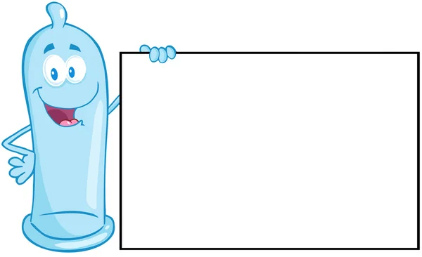 Prezervatif maskot karakter boş bir tabela holding — Stok fotoğraf