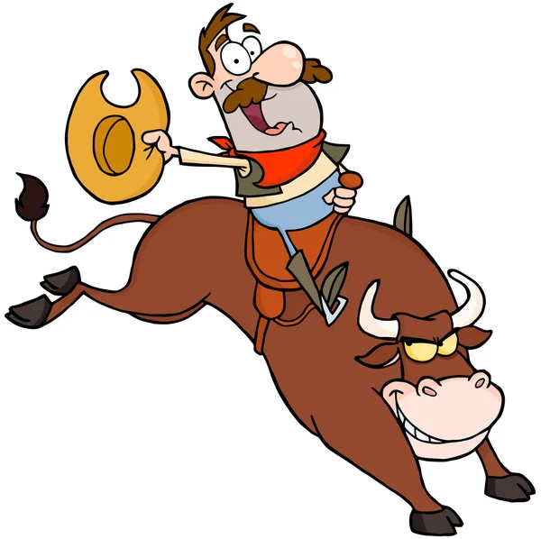 Kowboj szczęśliwy jazda byka w rodeo — Zdjęcie stockowe