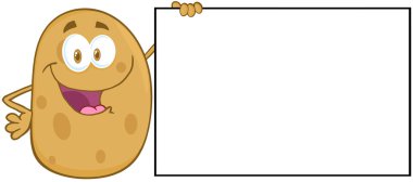 boş bir tabela holding patates çizgi film maskot karakteri